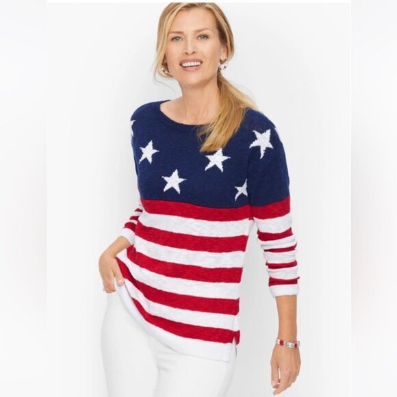 Talbots NEW Stars Stripes Linen Cotton Sweater USA Lightweight Knit Crew Slits M - Picture 5 of 16